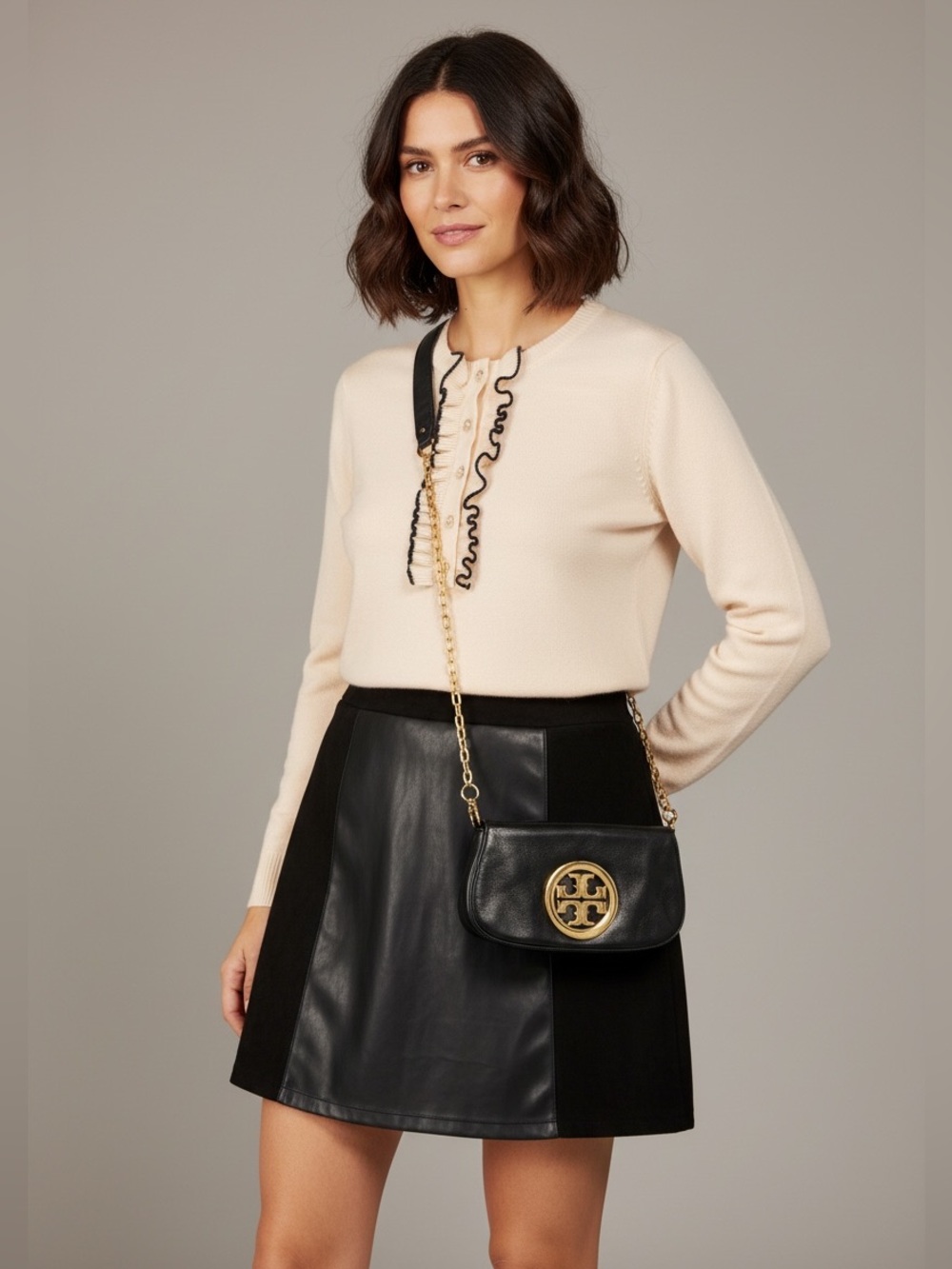 Marc New York Andrew Marc Black Faux Leather Panel Mini Skirt Size L